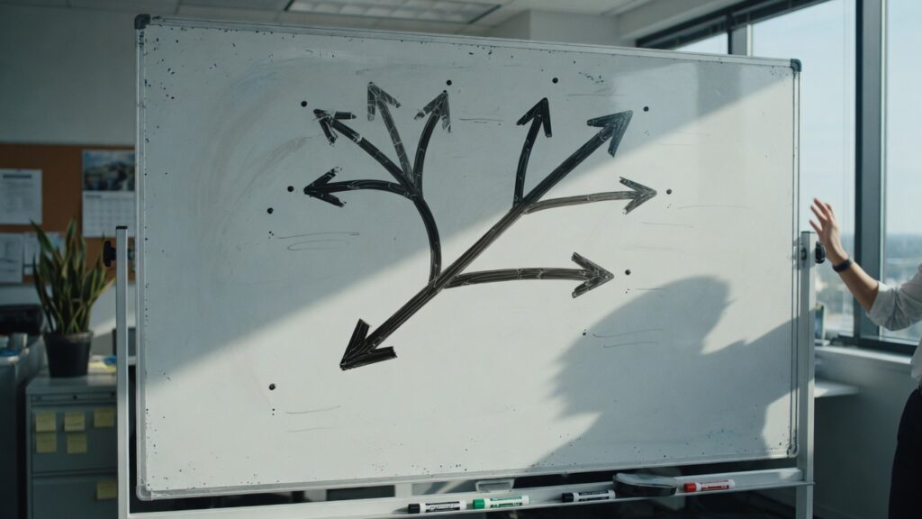 Whiteboard with two unlabeled branching arrows