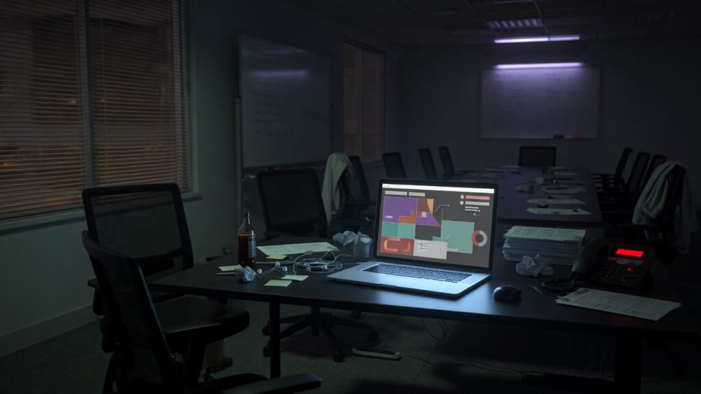 Dark office with a single laptop glow and empty chairs