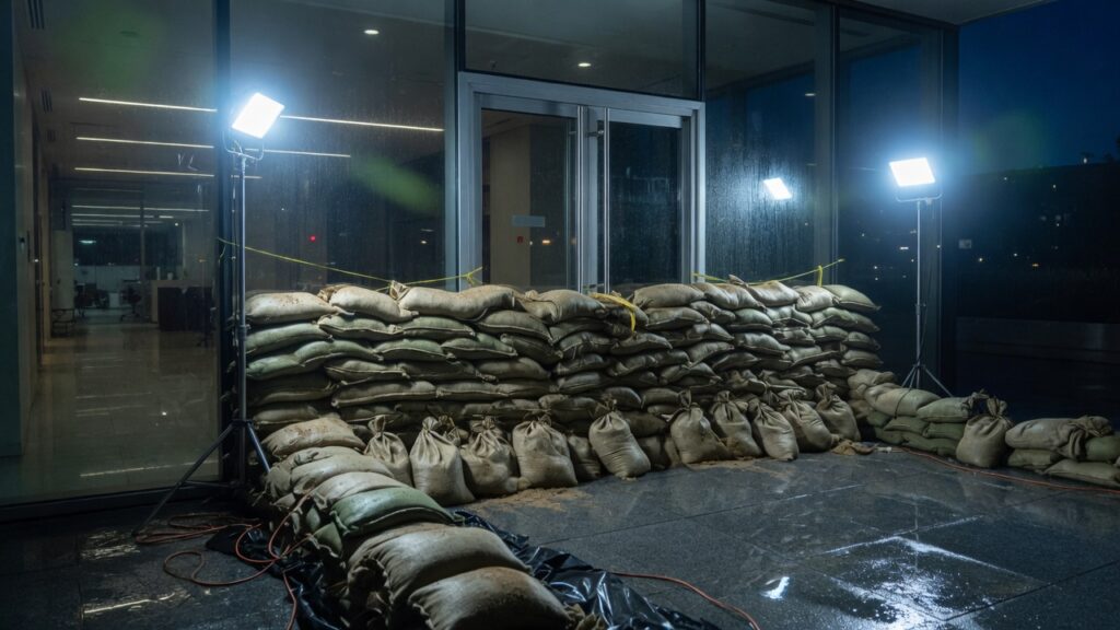 Sandbags at a glass office entrance at night