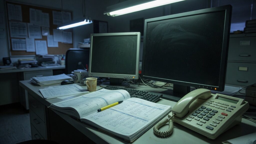 Unlabeled operations desk with dark monitors and a paper runbook at night