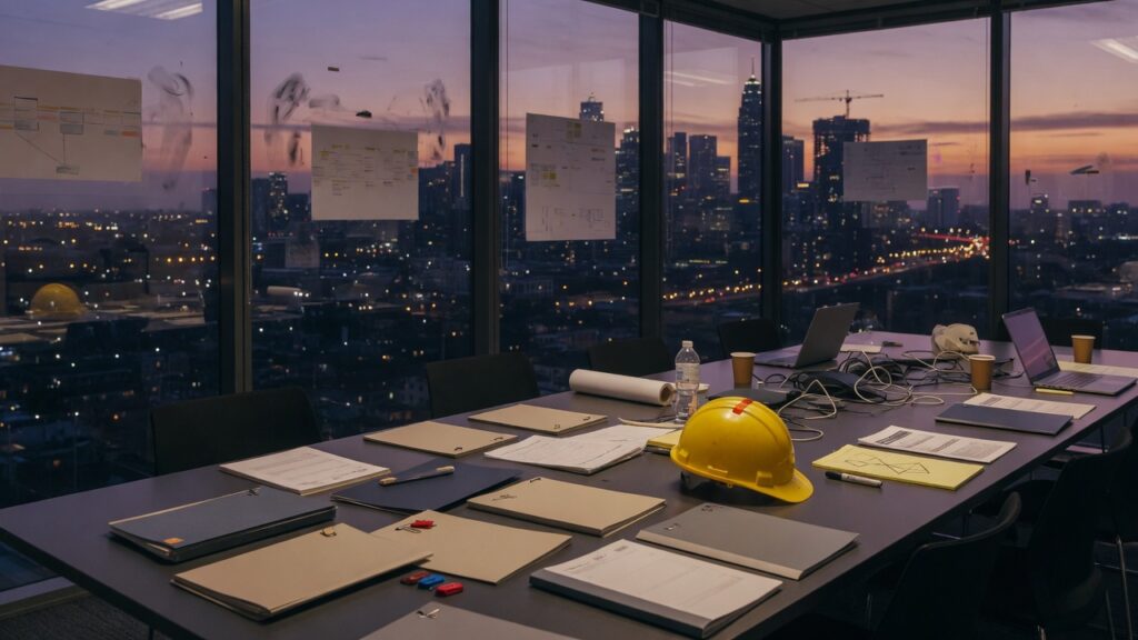 Continuity war-room table with unmarked vendor folders