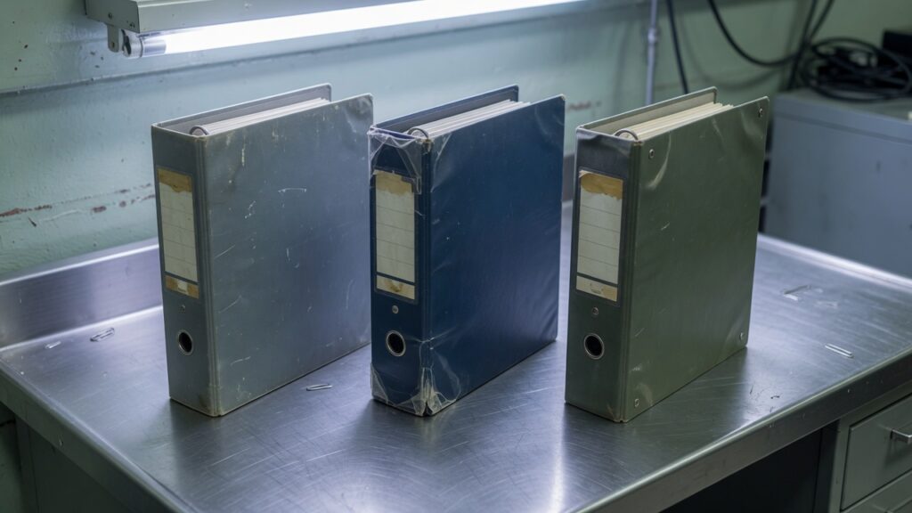 Three unlabeled binders on a steel table