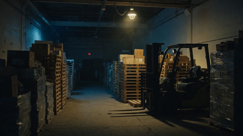 Night warehouse aisle with pallets and a forklift silhouette