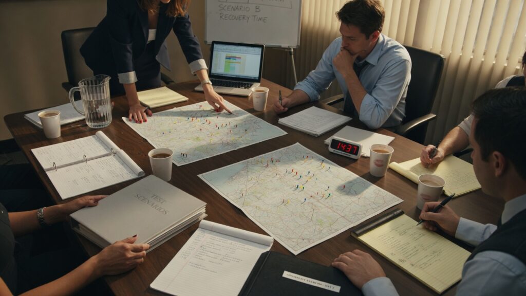 Tabletop exercise around a conference table with maps