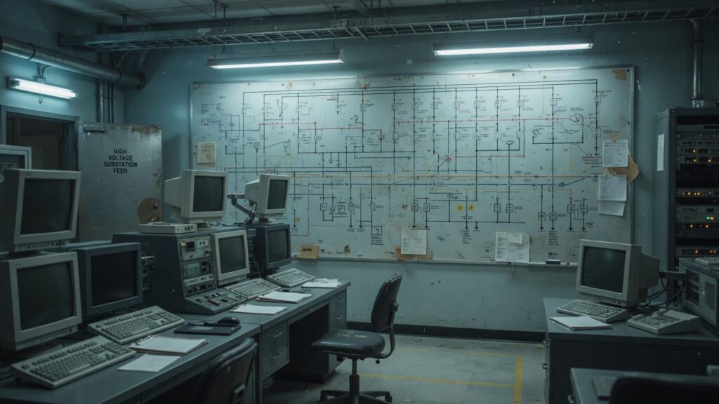 Empty utility control room with wall schematic