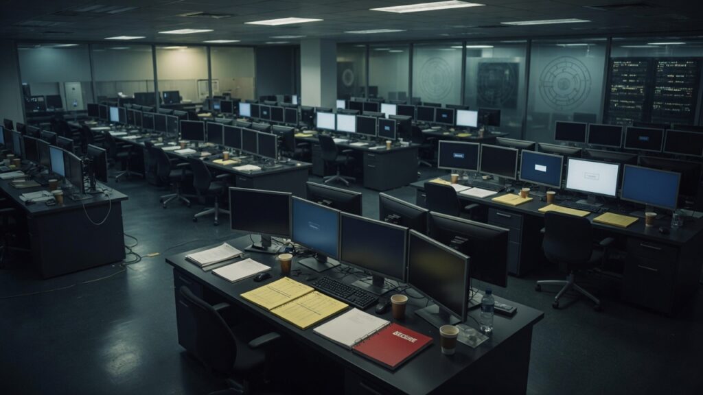 Empty bank operations floor after hours
