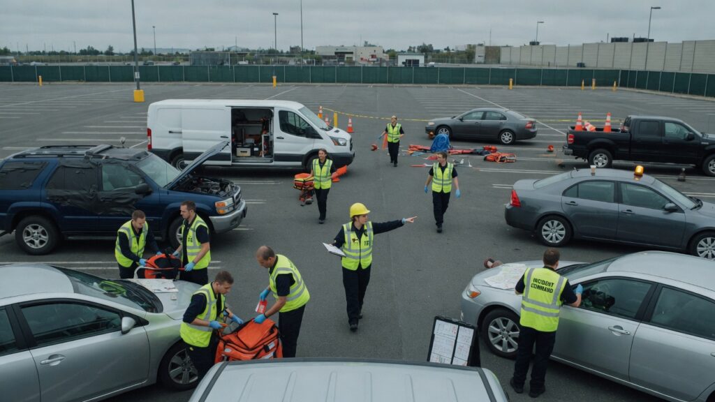 Staff in high-vis vests running a parking-lot drill