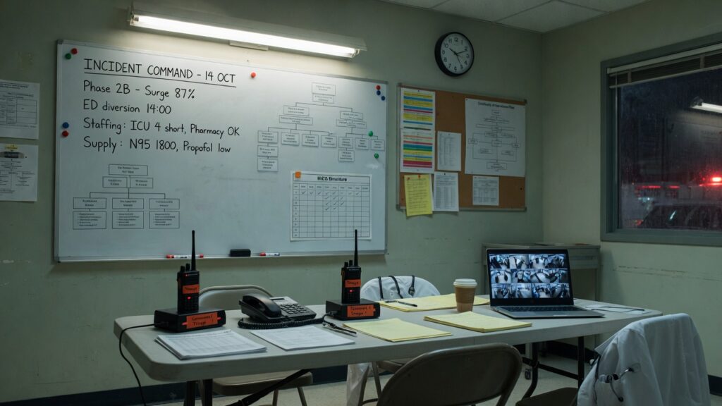 Hospital incident-command room with whiteboard and radios