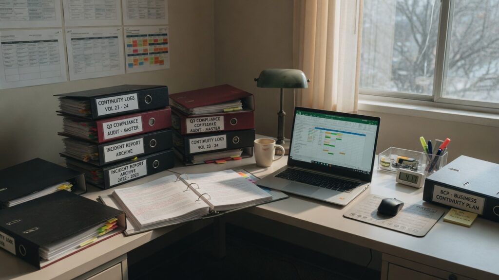 Continuity compliance desk with binders and a laptop